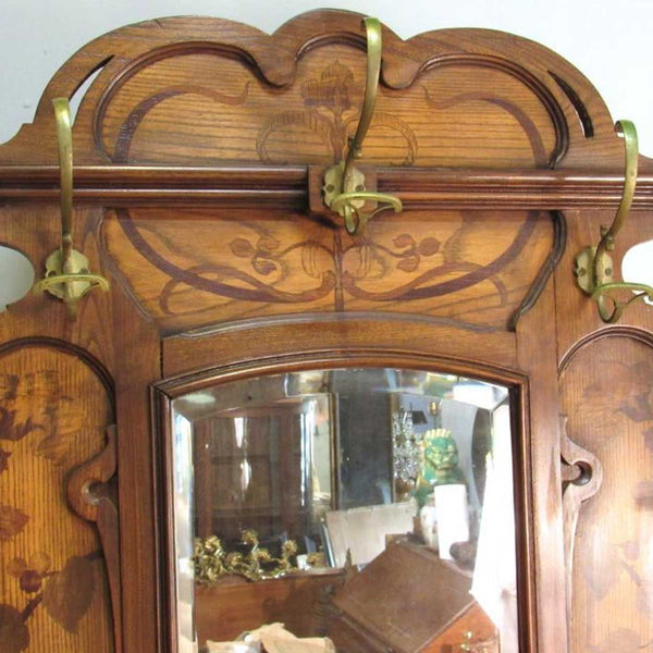French Art Nouveau Ecole de Nancy Oak Marquetry and Beveled Mirror Hall Tree