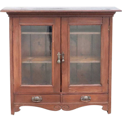 Small English Glass Art Nouveau Pine and Glass Door Bookcase / Side Cabinet