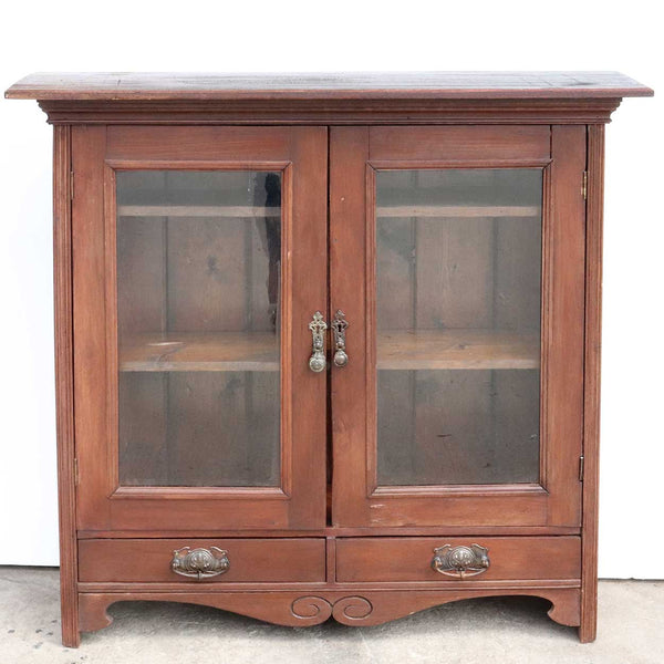 Small English Glass Art Nouveau Pine and Glass Door Bookcase / Side Cabinet