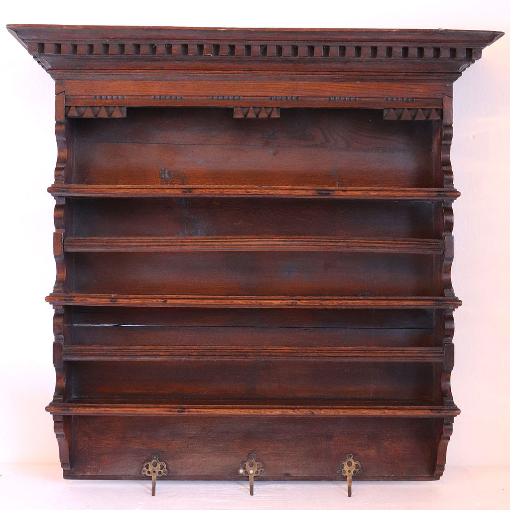 Small Dutch Oak and Brass Hook Hanging Open Plate Rack Shelf