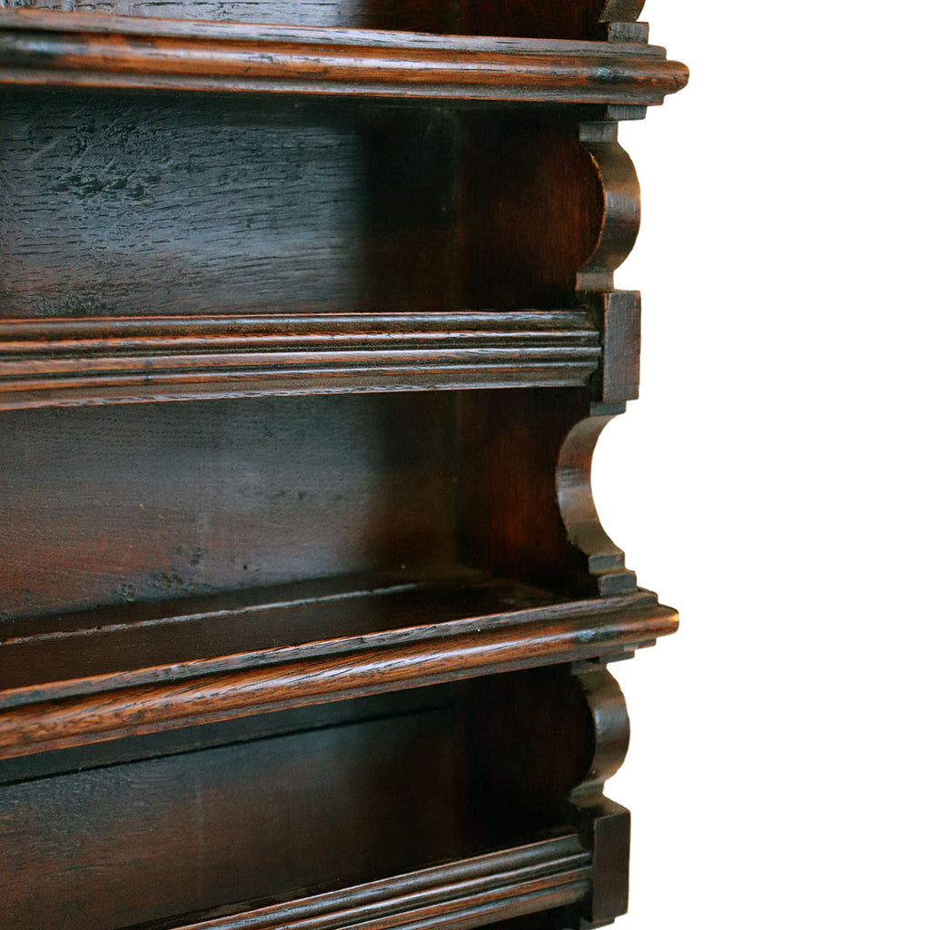 Small Dutch Oak and Brass Hook Hanging Open Plate Rack Shelf