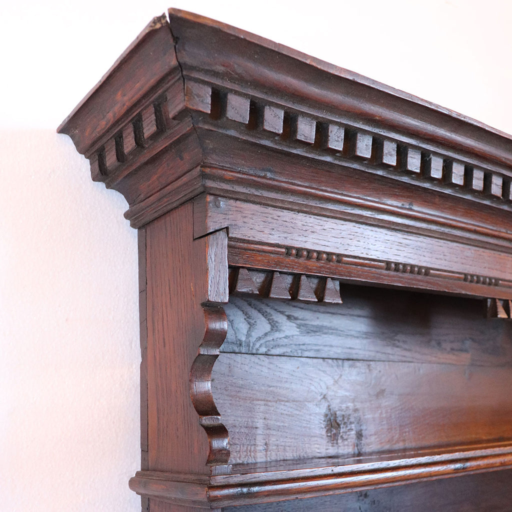 Small Dutch Oak and Brass Hook Hanging Open Plate Rack Shelf