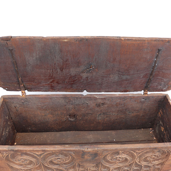 Continental Gothic Style Elm and Chestnut Carved Blanket Chest