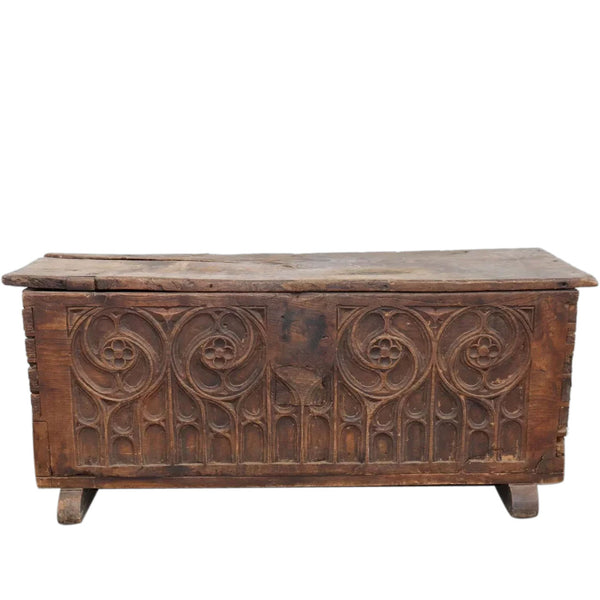 Continental Gothic Style Elm and Chestnut Carved Blanket Chest