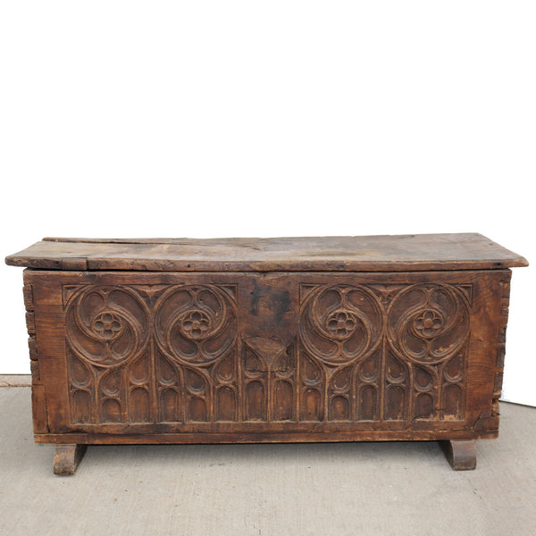 Continental Gothic Style Elm and Chestnut Carved Blanket Chest