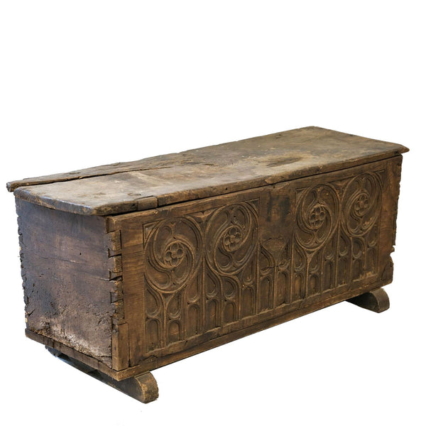 Continental Gothic Style Elm and Chestnut Carved Blanket Chest