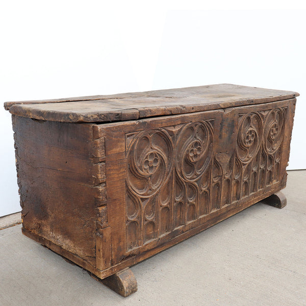 Continental Gothic Style Elm and Chestnut Carved Blanket Chest