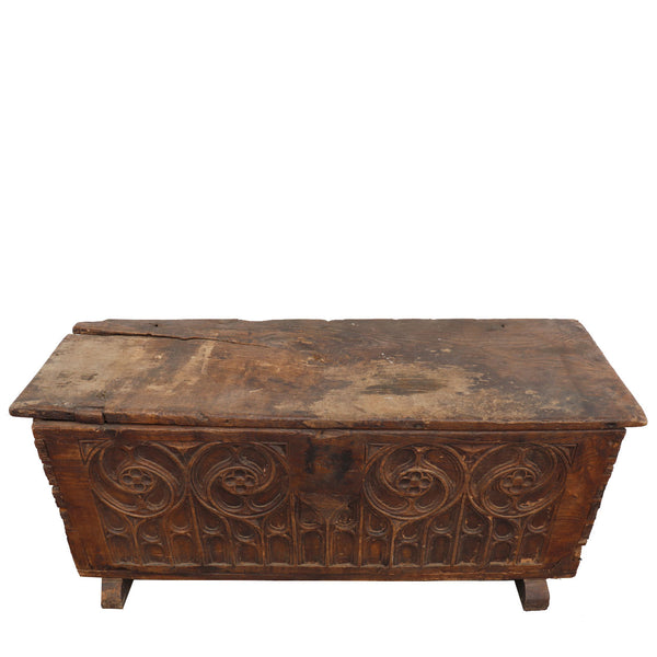 Continental Gothic Style Elm and Chestnut Carved Blanket Chest