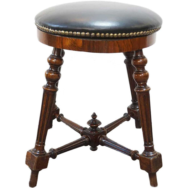 French Rosewood and Black Nailhead Leather Round Piano Stool