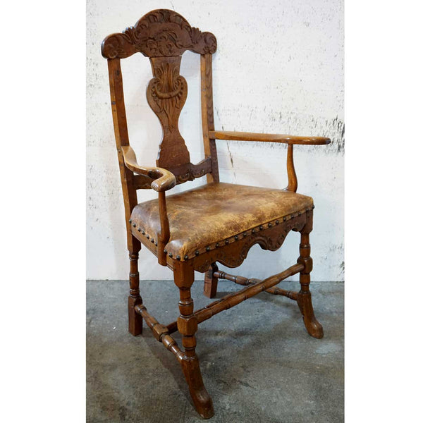 Early Danish Elm, Oak and Leather Seat Armchair