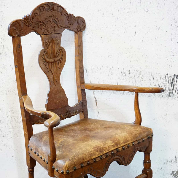 Early Danish Elm, Oak and Leather Seat Armchair