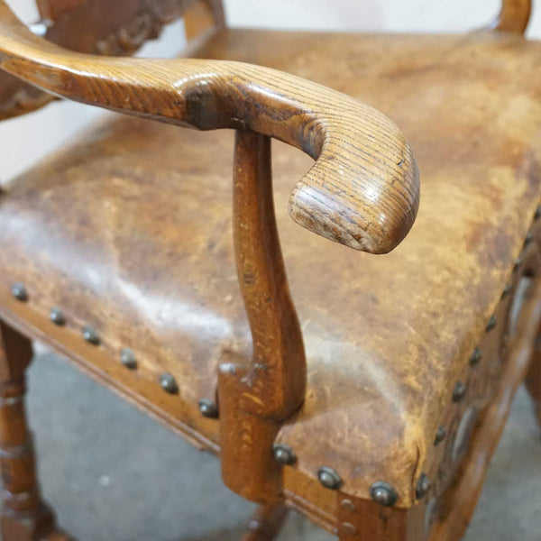 Early Danish Elm, Oak and Leather Seat Armchair