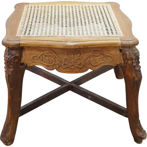 Indo-Portuguese Baroque Carved Caned Teak Stool