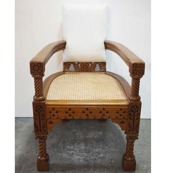 Anglo Indian Minerva Furniture Works Eastlake Caned Inlaid Teak Upholstered Armchair