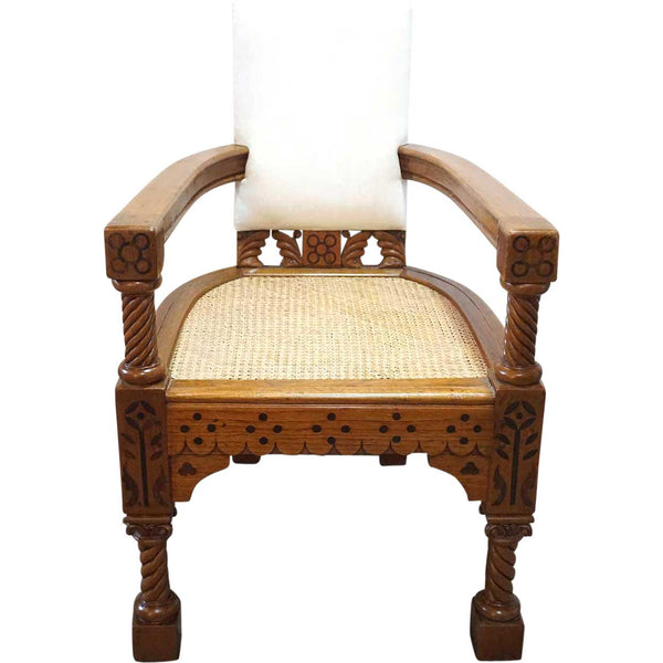 Anglo Indian Minerva Furniture Works Eastlake Caned Inlaid Teak Upholstered Armchair