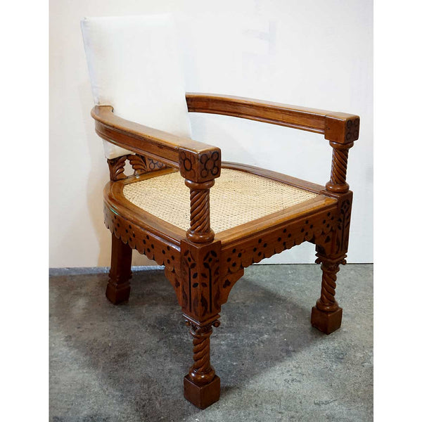 Anglo Indian Minerva Furniture Works Eastlake Caned Inlaid Teak Upholstered Armchair