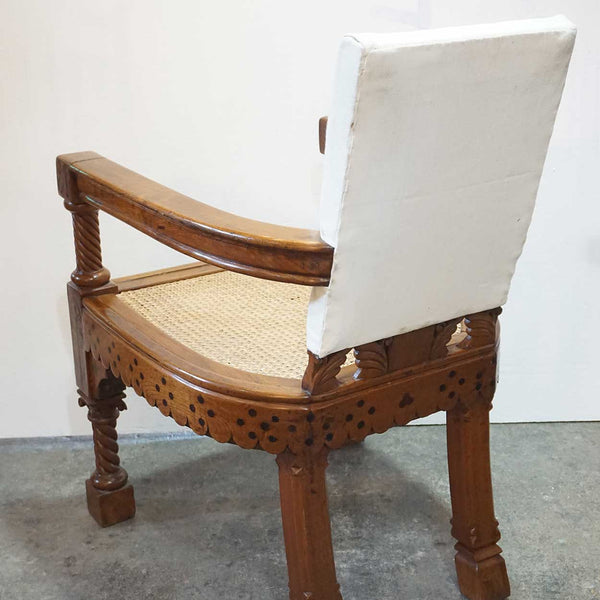 Anglo Indian Minerva Furniture Works Eastlake Caned Inlaid Teak Upholstered Armchair