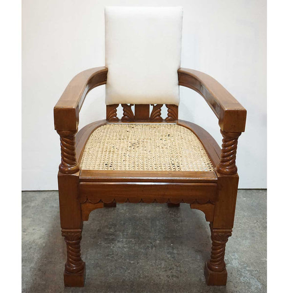 Anglo Indian Minerva Furniture Works Eastlake Caned Inlaid Teak Upholstered Armchair