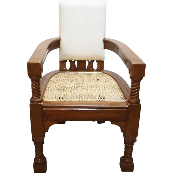 Anglo Indian Minerva Furniture Works Eastlake Caned Inlaid Teak Upholstered Armchair