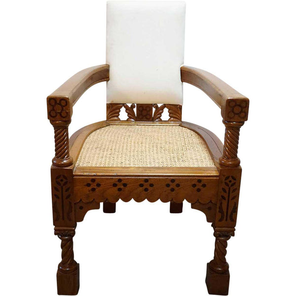 Anglo Indian Minerva Furniture Works Eastlake Caned Inlaid Teak Upholstered Armchair