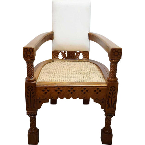 Anglo Indian Minerva Furniture Works Eastlake Caned Inlaid Teak Upholstered Armchair