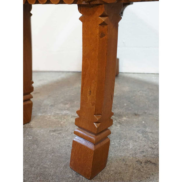 Anglo Indian Minerva Furniture Works Eastlake Caned Inlaid Teak Upholstered Armchair