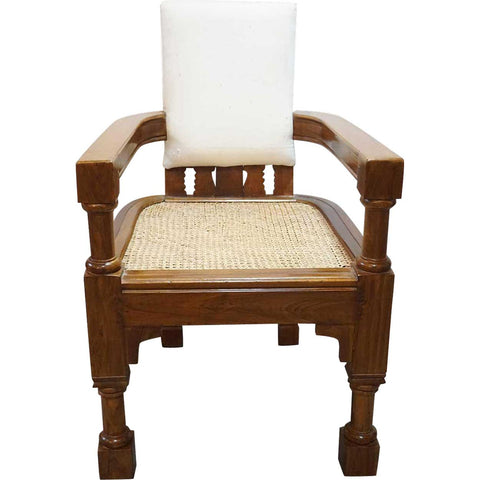 Anglo Indian Minerva Furniture Works Eastlake Caned Inlaid Teak Upholstered Armchair