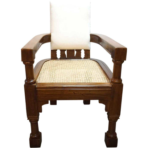 Anglo Indian Minerva Furniture Works Eastlake Caned Inlaid Teak Upholstered Armchair