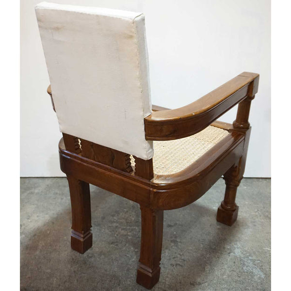 Anglo Indian Minerva Furniture Works Eastlake Caned Inlaid Teak Upholstered Armchair