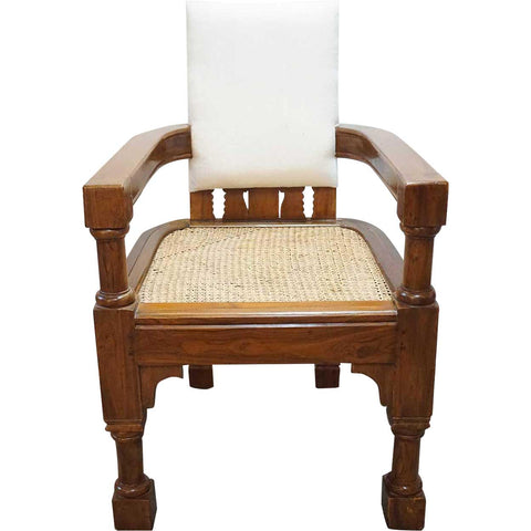 Anglo Indian Minerva Furniture Works Eastlake Caned Inlaid Teak Upholstered Armchair