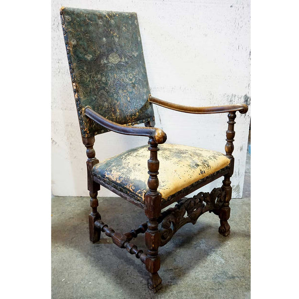 Swedish Baroque Oak and Leather Armchair
