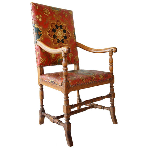 Scandinavian Baroque Brass Tacked Embossed Leather and Oak Armchair