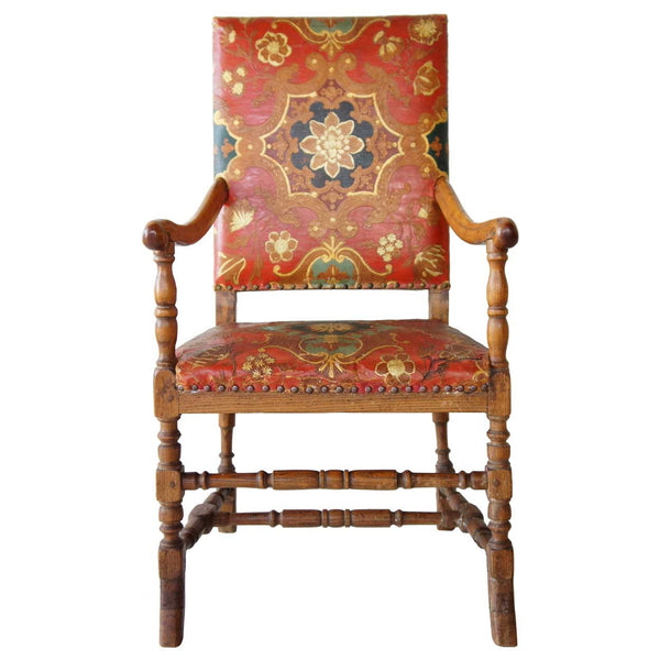 Scandinavian Baroque Brass Tacked Embossed Leather and Oak Armchair