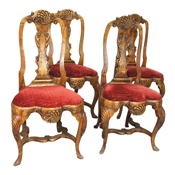 Set of Four Scandinavian Rococo Birch Upholstered Seat Dining Side Chairs