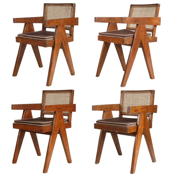 Assembled Set of Four Vintage PIERRE JEANNERET Teak Conference Chairs from Chandigarh, India
