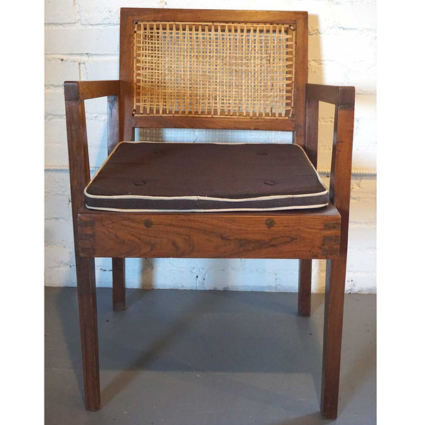 Vintage PIERRE JEANNERET Mid Century Modern Caned Teak Armchair from Chandigarh, India