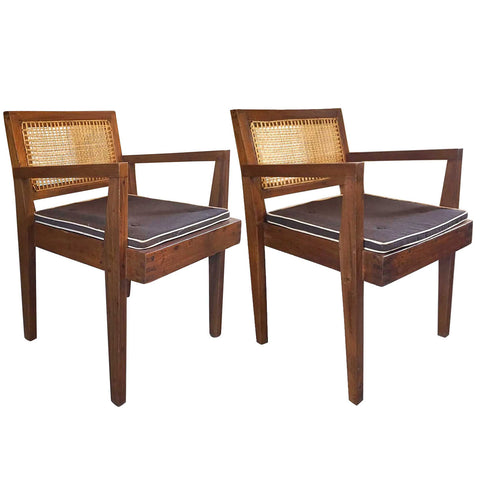 Assembled Set of Two Vintage PIERRE JEANNERET Numbered Caned Teak Armchairs from Chandigarh, India