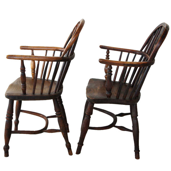 Two English Elm and Yewwood Windsor Lowback Armchairs