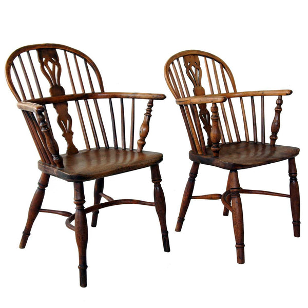 Two English Elm and Yew Wood Windsor Lowback Armchairs