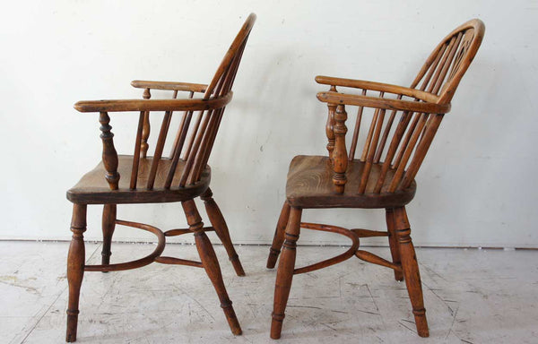 Two English Elm and Yew Wood Windsor Lowback Armchairs