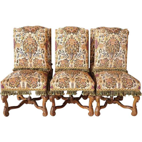 Set of Six French Louis XIV Style Beechwood and Needlepoint Rose Terrace Dining Chairs