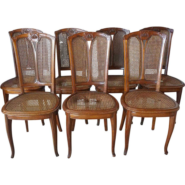 Set of Six French LOUIS MAJORELLE Art Nouveau Caned Mahogany Dining Side Chairs
