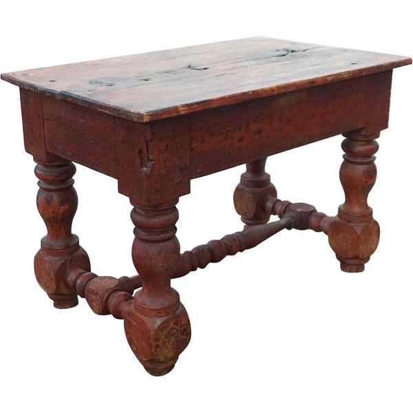 Early Rare Indian Colonial Old Red Painted Teak Rectangular Stool / Low Side Table