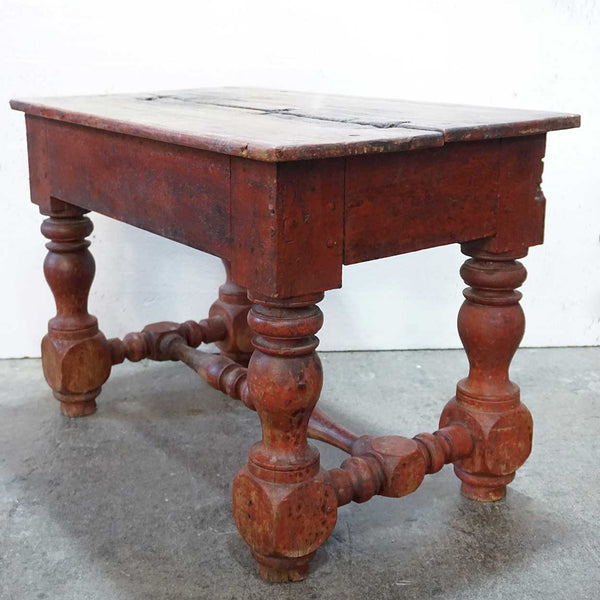 Early Rare Indian Colonial Old Red Painted Teak Rectangular Stool / Low Side Table