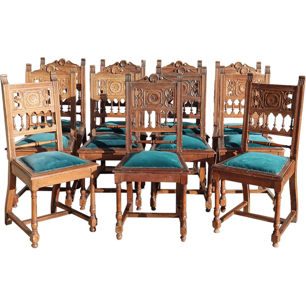 Set of 11 French Provincial Henri II Carved Walnut Upholstered Seat Dining Chairs