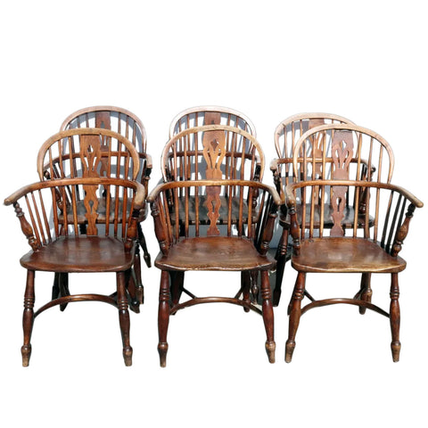 Set of Six English Elm and Oak Low Back Windsor Armchairs