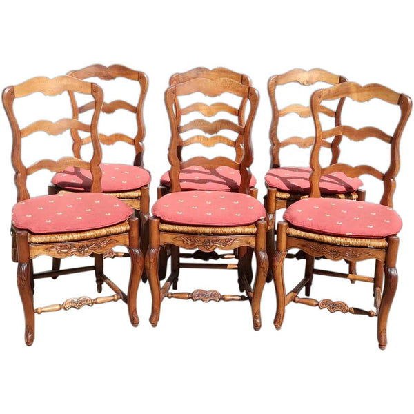 Set of Six French Provincial Walnut Rush Seat Ladderback Dining Side Chairs