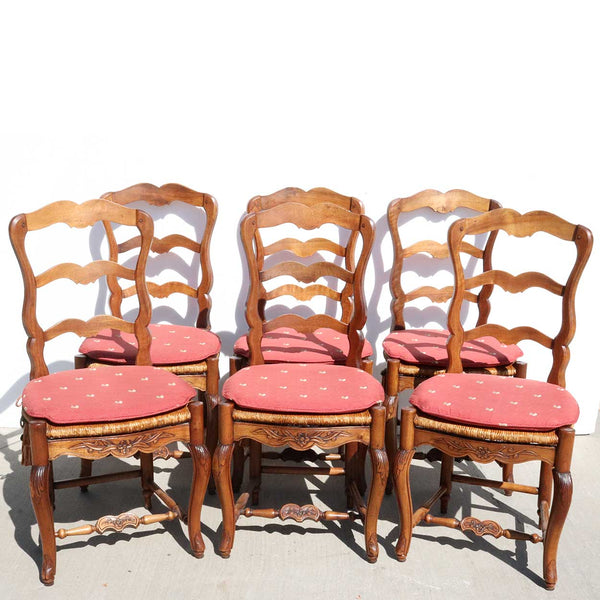 Set of Six French Provincial Walnut Rush Seat Ladderback Dining Side Chairs