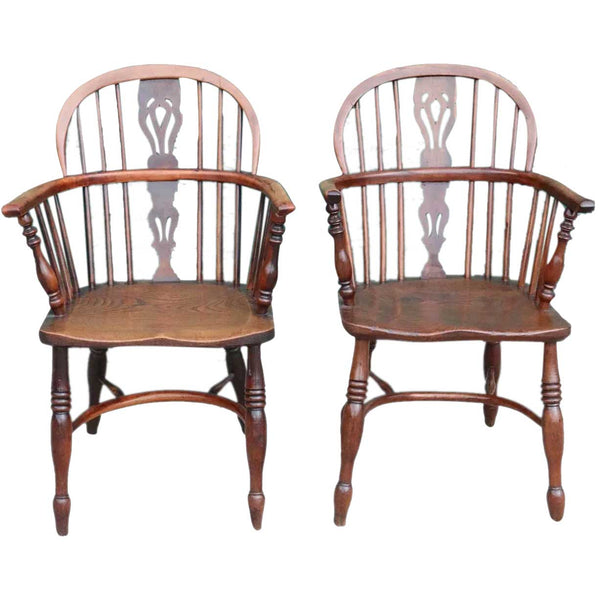 Pair of Signed English Yewwood and Elm Bow Back Windsor Armchairs