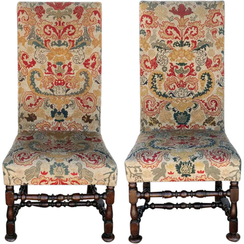 Pair of English Walnut and Needlepoint Upholstered Tall Back Side Chairs